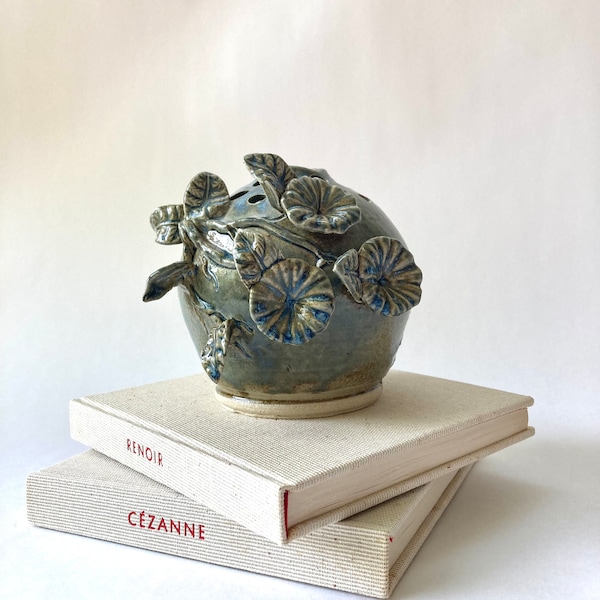 Handmade Blue Green Flower Pottery, Signed Studio Vessel, Ikebana, Bud Vase, Organic Pottery, Ceramic Flower Frog Vase, Weed Pot