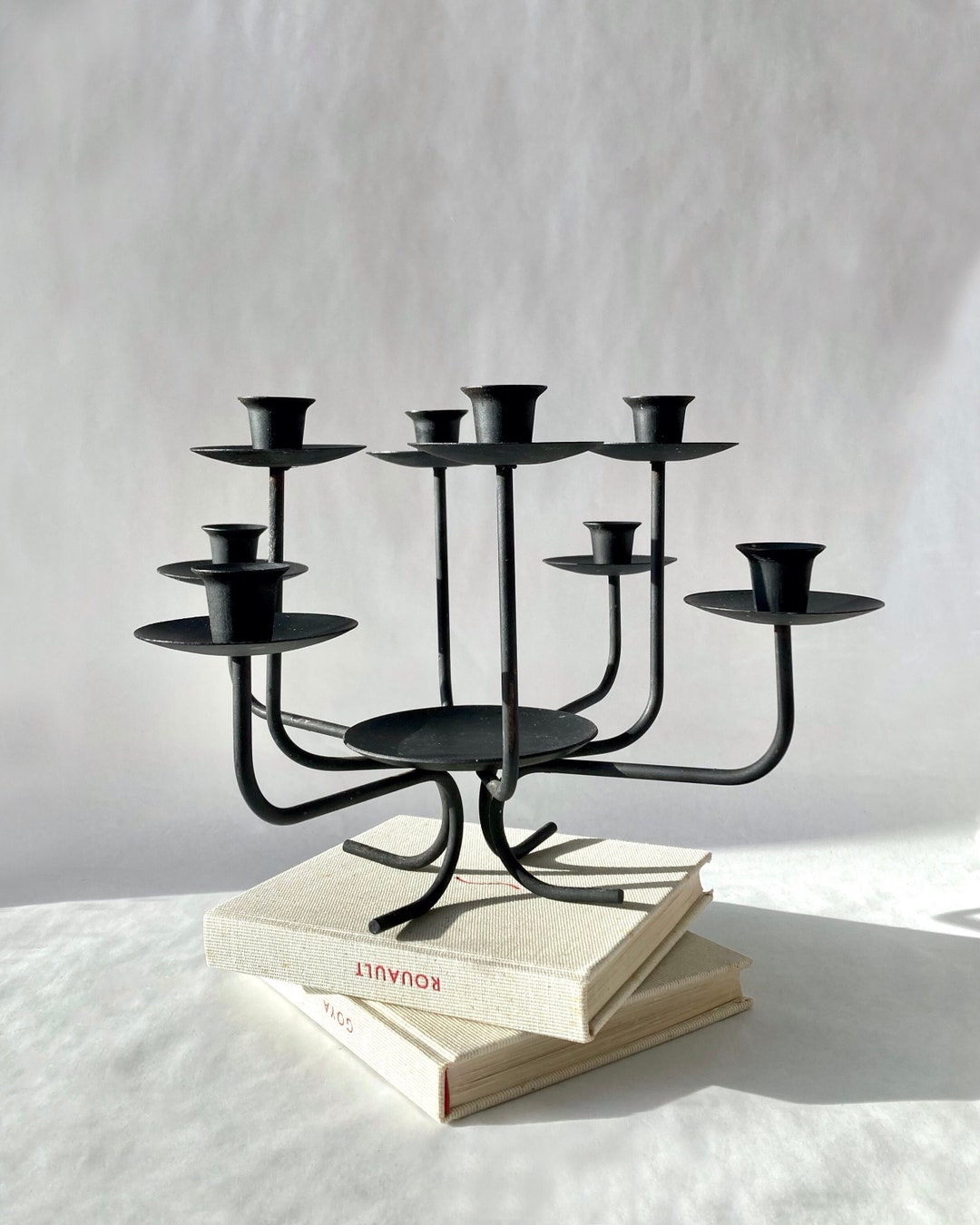 Black Sculptural Metal Candleholder for 8 Tapers, Vintage Candelabra Table Decor, Dramatic