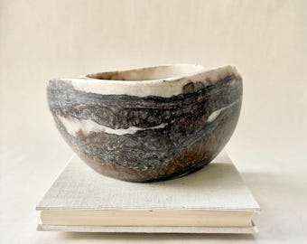 Vintage Artisan Carved Stone Bowl, One of a Kind Signed Dish, Neutral Minimal Abstract Decor, Sculptural Natural Art Centerpiece