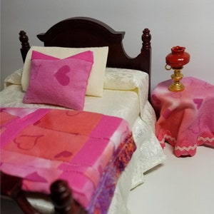 1:12 Scale Dollhouse Valentine Quilt and Pillow and Skirted Table. Dollhouse Patchwork. Handmade Dollhouse Quilt. Dollhouse Crazy Quilt.