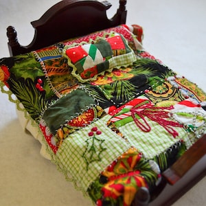 1:12 Scale Dollhouse Christmas Quilt and Pillow. Dollhouse Patchwork Quilt. Handmade Dollhouse Quilt. Dollhouse Crazy Quilt.