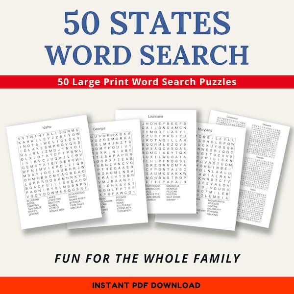 50 Large Print Word Search Puzzles for Seniors & Adults, United States USA Edition