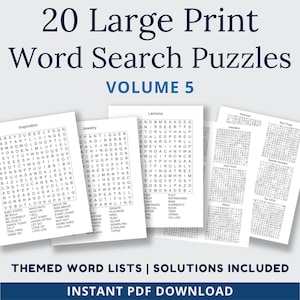 Word Search Printable, 20 Word Search Puzzles for Adults, Large Print Printable Games, Digital Download, Vol 5