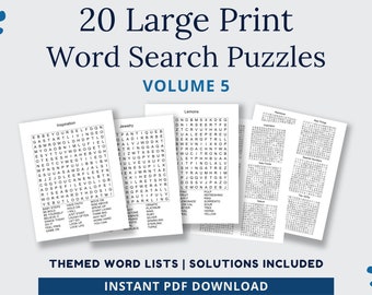 May include: A collection of 20 large-print word search puzzles, Volume 5, with themed word lists and solutions. The image features several white pages with word search grids and the text "20 Large Print Word Search Puzzles".