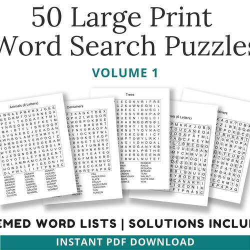 Digital Download 100 Printable Word Search Puzzles for Adults Etsy