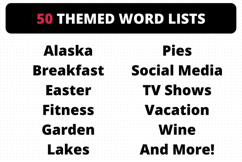 Pu&ograve; includere: Un'immagine in bianco e nero con il testo "50 THEMED WORD LISTS" in lettere rosse. L'immagine elenca vari temi per liste di parole, tra cui Alaska, torte, colazione, social media, Pasqua, programmi televisivi, fitness, vacanze, giardino, laghi, vino e altro ancora.