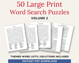 May include: A set of five black and white word search puzzles with different themes: Lakes, Morning, Wild Animals, Meal, and Wild Animals. The puzzles are part of a larger set of 50 puzzles, titled "50 Large Print Word Search Puzzles, Volume 2". The text "THEMED WORD LISTS | SOLUTIONS INCLUDED" and "INSTANT PDF DOWNLOAD" is at the bottom of the image.