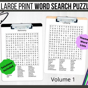 May include: Two black and white word search puzzles on clipboards. The puzzles are titled "Astronomy" and "Camping". The word lists for each puzzle are included below the grids. The word lists are labeled "Solutions Included" and "Themed Word Lists".