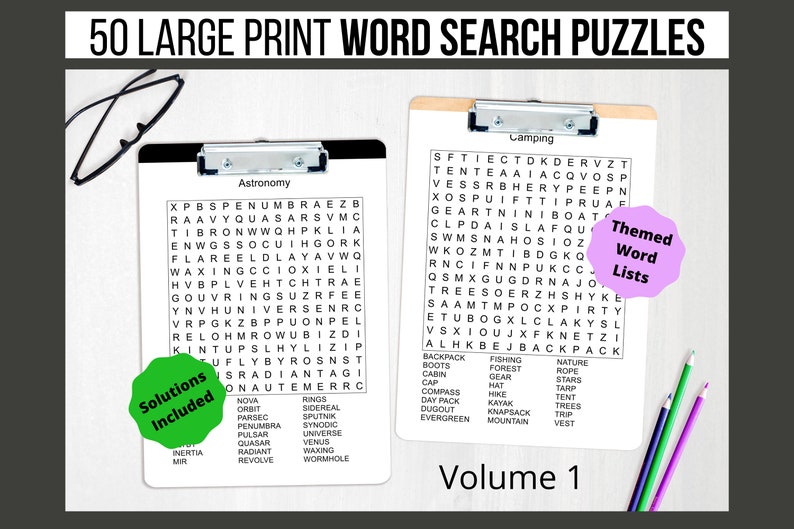 May include: Two black and white word search puzzles on clipboards. The puzzles are titled "Astronomy" and "Camping". The word lists for each puzzle are included below the grids. The word lists are labeled "Solutions Included" and "Themed Word Lists".