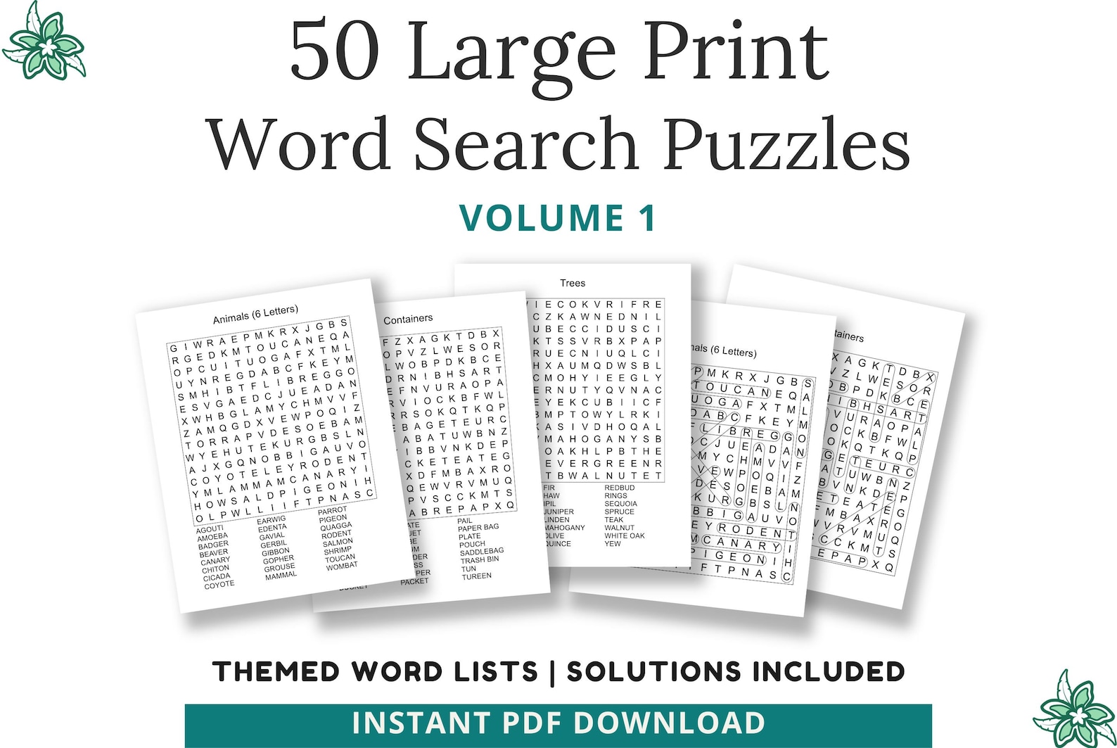 Word Search Puzzles for Adults, Large Print Game, Digital Download