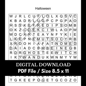 May include: Black and white word search puzzle with the word "Halloween" at the top. The puzzle features words related to Halloween, such as "ghost", "witch", and "pumpkin".