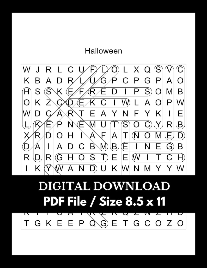 May include: Black and white word search puzzle with the word "Halloween" at the top. The puzzle features words related to Halloween, such as "ghost", "witch", and "pumpkin".