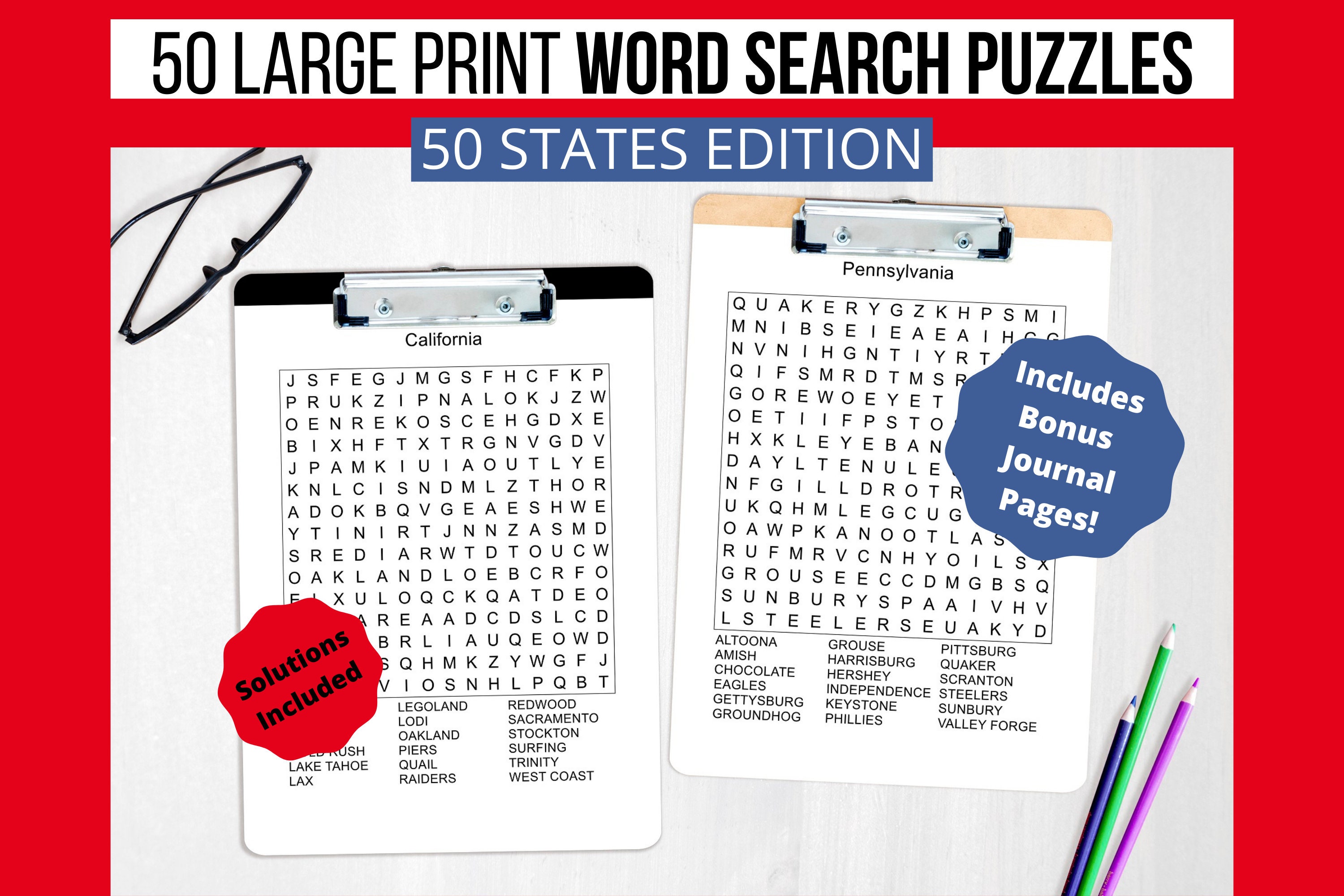 50 Large Print Word Search Puzzles for Seniors & Adults, United States ...
