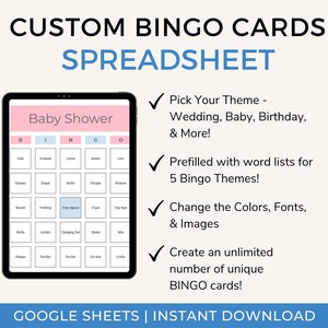Hoja de cálculo de tarjeta de bingo personalizada - Boda, despedida de soltera, juego de fiesta de cumpleaños - Plantilla imprimible de Google Sheets