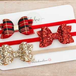 Christmas baby headband set, baby bows on clips, soft headbands, Christmas bow set, gold headband, red headband set,