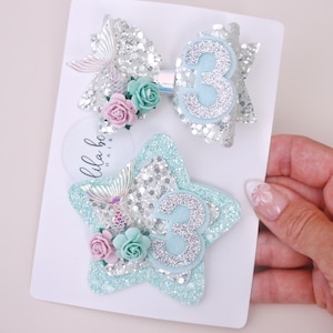 Mermaid Birthday Bow and Badge Set | Sparkly Ocean Party Accessories | Mermaid Bow & Under the Sea Birthday Gift