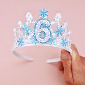 Ice Princess Tiara  Birthday Tiara, Snowflake Crown, Number Badge & Wand Set – Ice Princess Party Accessories – Glitter Birthday Crown