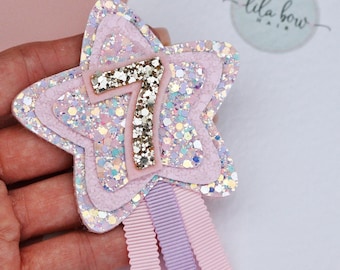 Pastel Glitter Birthday Badge, Clip, Bow, Any age, Girls Birthday set