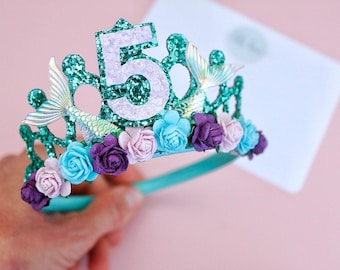 Set di tiara e bacchetta per compleanno a tema sirena, corona a tema sottomarino, cerchietto per compleanno da bambina, completo per festa a tema sirena