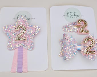 Insignia de cumpleaños con purpurina pastel, clip, lazo, cualquier edad, set de cumpleaños para niñas