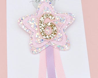Insignia de cumpleaños con purpurina pastel, clip, lazo, cualquier edad, set de cumpleaños para niñas