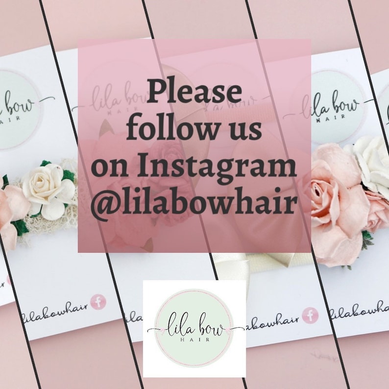 Op de afbeelding: Een verzameling bloemen haaraccessoires, waaronder haarbanden en clips, met een zachte, romantische uitstraling. De afbeelding bevat de tekst "Please follow us on Instagram @lilabowhair" en het logo van het merk.