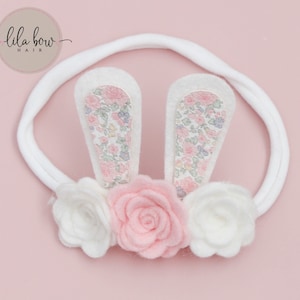 Floral Bunny Ear Baby Headband: Felt Flowers, Easter Photo Prop