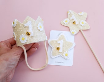 Conjunto de Coroa de Abelha para Aniversário | Roupa de Aniversário de Abelha | Tema de Abelha para Primeiro Aniversário | Acessórios para Festa de Abelha