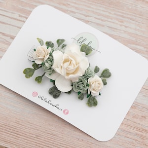 Bridesmaid Flower Clip – Ivory & Sage Hair Clip, Flower Girl Hairpiece, Wedding Hair Clip, Floral Hairpiece, Green Foliage Clip