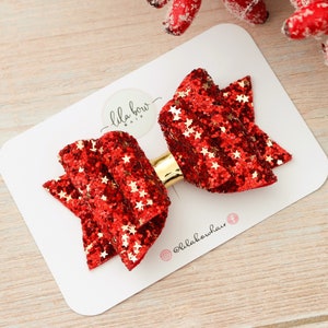 Red Christmas bow, Christmas star glitter bow, Christmas hair bow, Christmas headband, Childrens photo prop