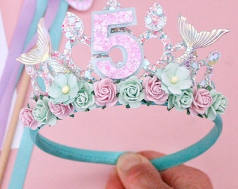 Meerjungfrau Geburtstag Tiara & Zauberstab Set, Türkis Meerjungfrau Krone, Unter dem Meer Geburtstags-Outfit, Mädchen-Party Haarband, Custom Age
