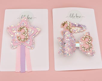 Pastel Glitter Birthday Badge, Clip, Bow, Any age, Girls Birthday set