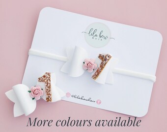 Baby Girl First Birthday Bow Headband, White, Pink, Dusty Pink, Ivory Bow Headband, baby, toddler, children, any age
