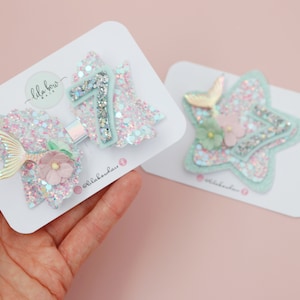 Mermaid Birthday Bow and Badge Set – Birthday Girl Accessories, Ocean Theme Party, Under the Sea Hair Bow and Badge