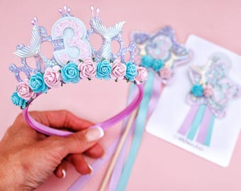 Meerjungfrau Geburtstag Tiara & Zauberstab Set, Türkis Meerjungfrau Krone, Unter dem Meer Geburtstags-Outfit, Mädchen-Party Haarband, Custom Age