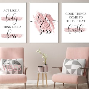 Pink Glitter Boss Lady Quotes, Lady Boss Wall Art, Printable, Boss Babe Quotes, 3pc Wall Decor
