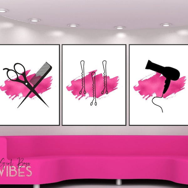 Fuschia Pink 3 Piece Beauty Salon Decor, Salon Print, Hairdressing Scissors, Hair Salon Wall Art, Printable Wall Art