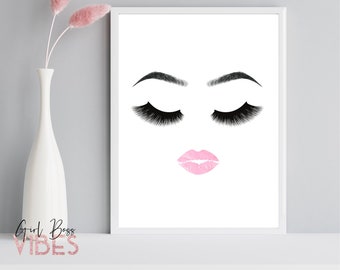 Pink Lips & Lashes Print: Glam Makeup Room Decor (Digital Download)