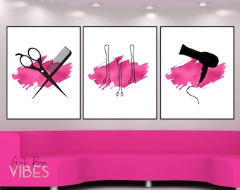 Fuschia Pink 3 Piece Beauty Salon Decor, Salon Print, Hairdressing Scissors, Hair Salon Wall Art, Printable Wall Art