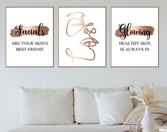 Rose Gold Facial Salon Signs, Line Art, Esthetician Décor, Printable 3 Piece Wall Art