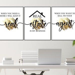 Gold Real Estate Posters, Real Estate Quotes, 3pc Set Printable Wall Art, Real Estate Agent Quotes, Realtor Office Decor, Instant Download
