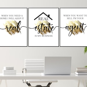 Gold Real Estate Posters, Real Estate Quotes, 3pc Set Printable Wall Art, Real Estate Agent Quotes, Realtor Office Decor, Instant Download