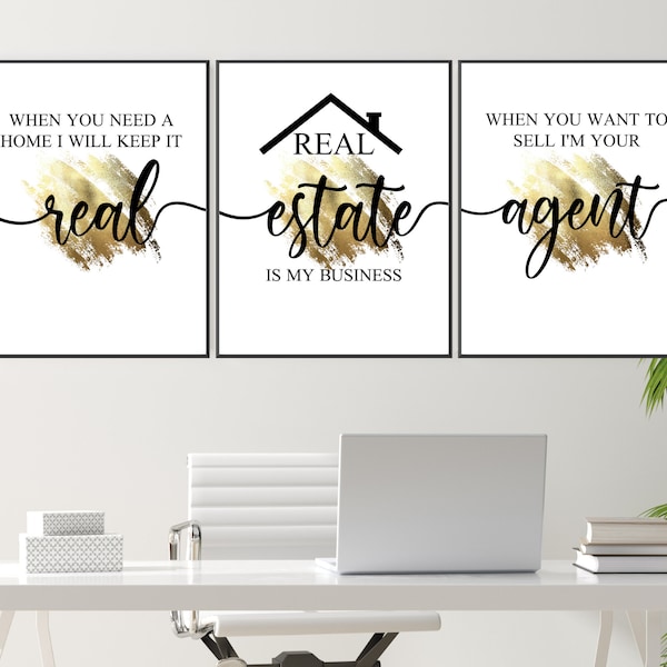 Goldene Immobilien-Poster, Immobilien-Zitate, 3-teiliges Set druckbare Wandkunst, Immobilienmakler-Zitate, Makler-Büro-Dekor, sofortiger Download