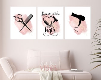 Arte de peluquería rosa, conjunto de impresiones "El amor está en el cabello" (descarga digital)