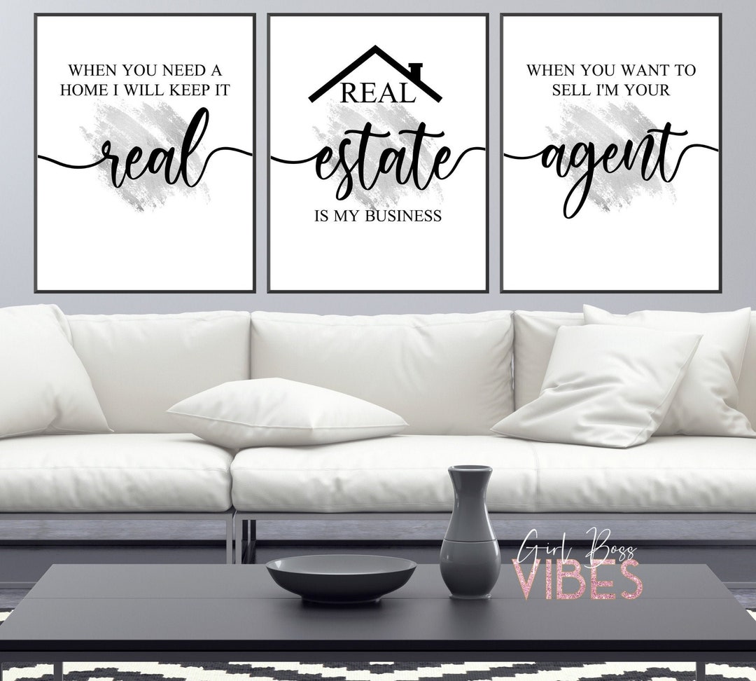 Silver Real Estate Posters, Real Estate Quotes, 3pc Set Printable Wall