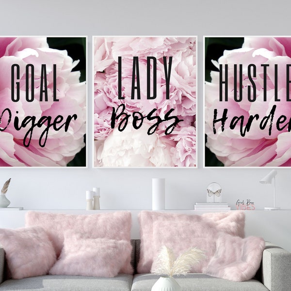 Lady Boss Quotes 3pc Set - Office Decor For Women, Printable Wall Art, Pink and Grey Wall Art, Pink Office Decor, Boss Women Quotes