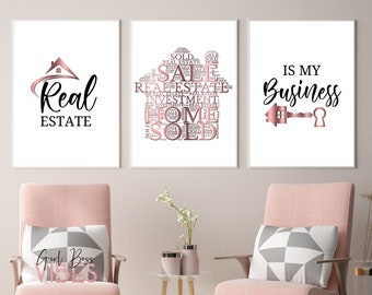 Rose Gold Real Estate Posters, Real Estate Quotes, 3pc Set Printable Wall Art, Real Estate Agent Quotes, Realtor Office Decor, Download