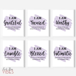 Lavender Purple Affirmation Posters, Affirmation Wall Art, Positivity Quotes, Watercolor, 6 Piece Printable Wall Art Set
