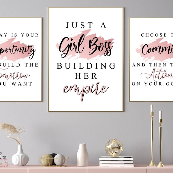 Blush Pink Girl Boss Art, Set da 3 pezzi, Arte da parete stampabile, Boss Lady, Boss Babe Office, Decorazione da parete motivazionale per imprenditore