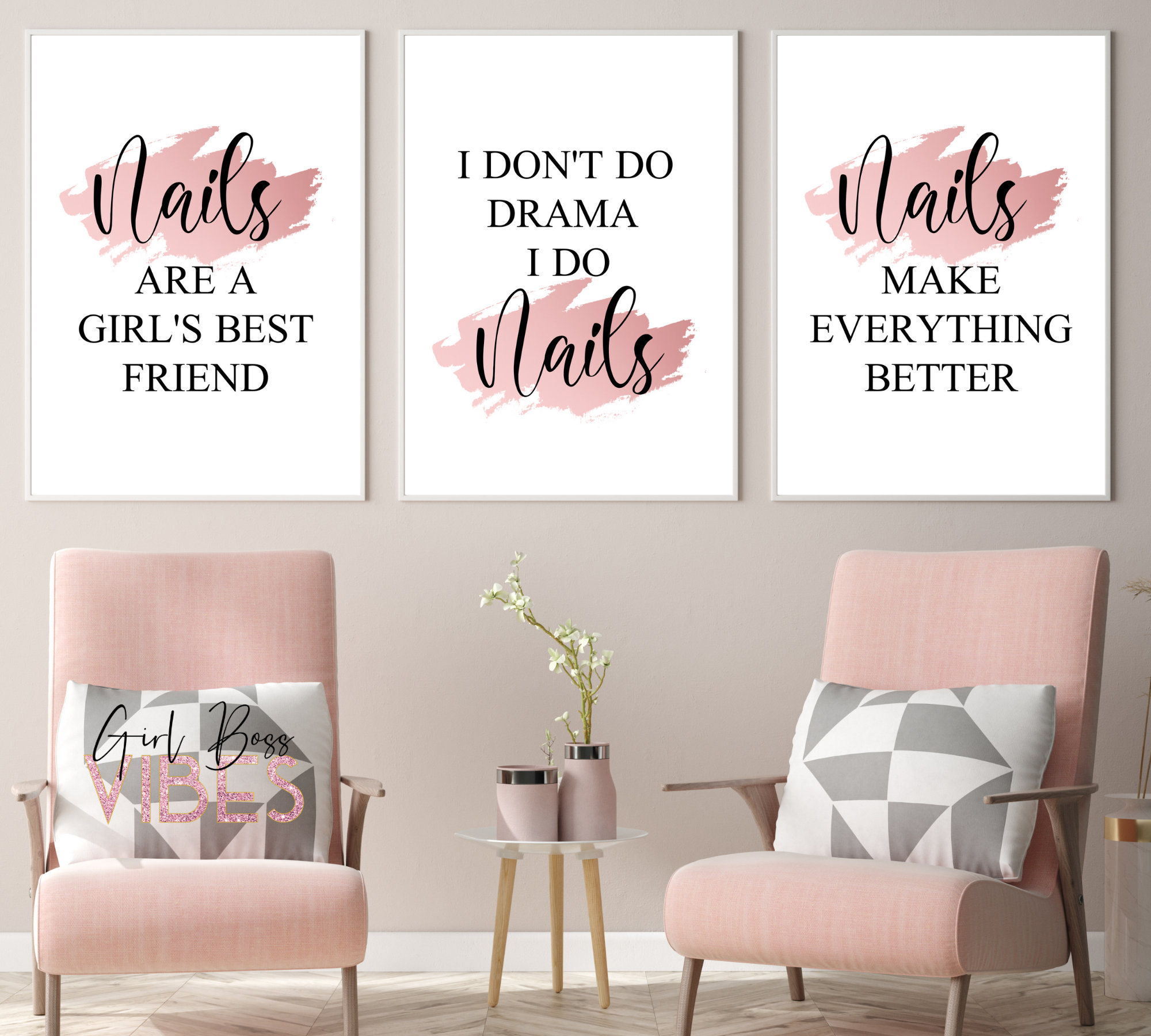 Blush Rose Pink Nail Studio Decor, Nail Salon Art, 3pc Printable